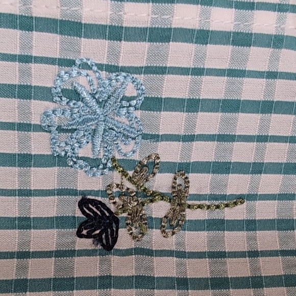 Rebecca Malone Blue Check With Embroidered Flowers Blouse Size L - Picture 3 of 6